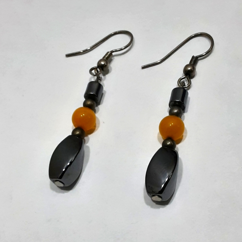 Hematite and Glass Beaded Boho Dangle Earrings 1 1/4" long